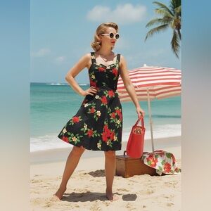 Royal Creations Dress Hawaiian Floral Tropical Smocked Fit Flare‎ Rockabilly L